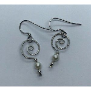 Sterling Silver Textured Spiral Scroll Faux Pearl Dangle Hook Earrings